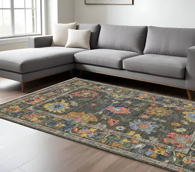 7' X 10' Gray Yellow And Blue Oriental Area Rug With Fringe