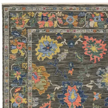 7' X 10' Gray Yellow And Blue Oriental Area Rug With Fringe