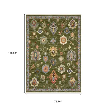7' X 10' Green Blue And Yellow Oriental Area Rug With Fringe