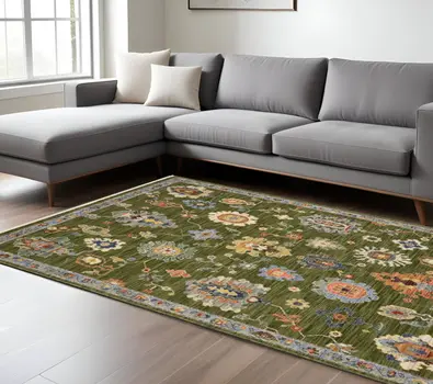 7' X 10' Green Blue And Yellow Oriental Area Rug With Fringe