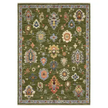 7' X 10' Green Blue And Yellow Oriental Area Rug With Fringe