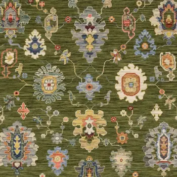7' X 10' Green Blue And Yellow Oriental Area Rug With Fringe
