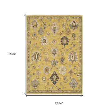 7' X 10' Yellow Ivory And Black Oriental Area Rug With Fringe