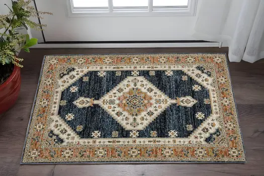 3' X 5' Blue And Orange Medallion Area Rug