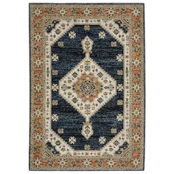 3' X 5' Blue And Orange Medallion Area Rug