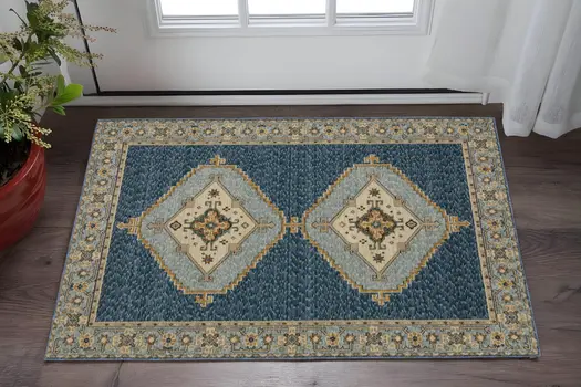 3' X 5' Blue And Gold Medallion Area Rug