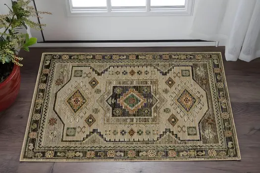 3' X 5' Gray And Green Tribal Area Rug