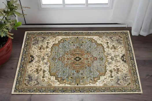 3' X 5' Ivory And Blue Oriental Area Rug