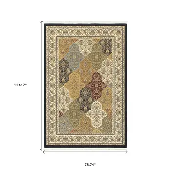 7' X 10' Navy Blue Tan And Ivory Oriental Area Rug With Fringe