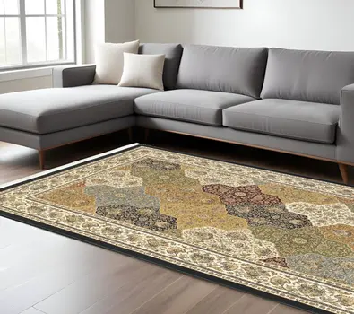 7' X 10' Navy Blue Tan And Ivory Oriental Area Rug With Fringe