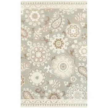 5' X 8' Gray And Sand Wool Floral Hand Tufted Area Rug
