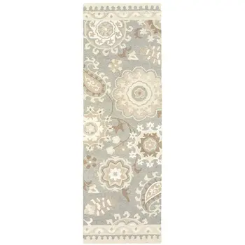 8' Gray And Sand Wool Floral Hand Tufted Runner Rug