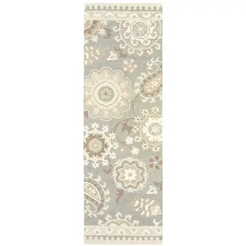 8' Gray And Sand Wool Floral Hand Tufted Runner Rug