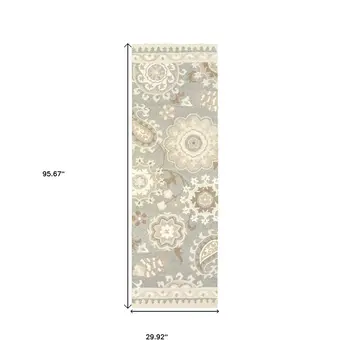 8' Gray And Sand Wool Floral Hand Tufted Runner Rug