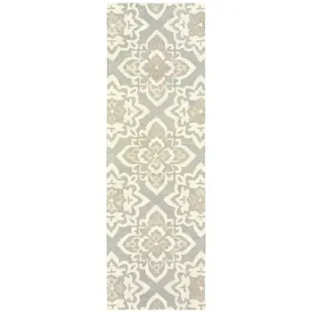 8' Gray And Sand Wool Geometric Hand Tufted Runner Rug
