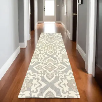 8' Gray And Sand Wool Geometric Hand Tufted Runner Rug