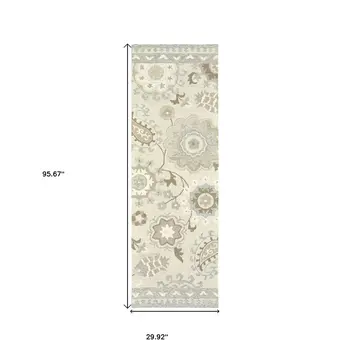 8' Ivory And Gray Wool Floral Hand Tufted Runner Rug