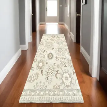 8' Ivory And Gray Wool Floral Hand Tufted Runner Rug