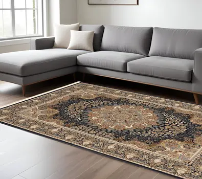 7' X 10' Navy Blue Tan And Black Medallion Area Rug With Fringe