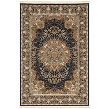 7' X 10' Navy Blue Tan And Black Medallion Area Rug With Fringe