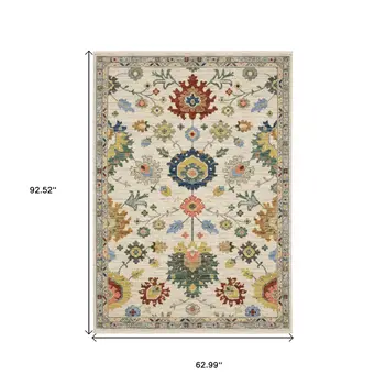 5' X 8' Ivory Blue And Yellow Oriental Area Rug With Fringe