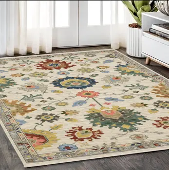 5' X 8' Ivory Blue And Yellow Oriental Area Rug With Fringe