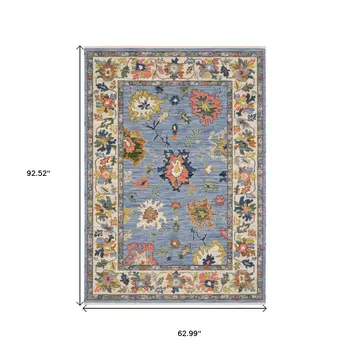 5' X 8' Blue Yellow And Salmon Oriental Area Rug With Fringe