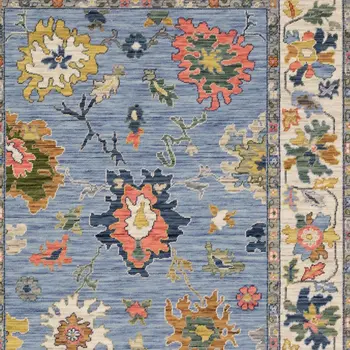 5' X 8' Blue Yellow And Salmon Oriental Area Rug With Fringe