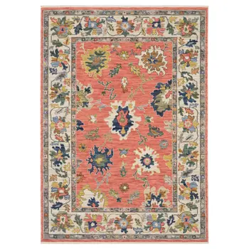 5' X 8' Salmon Blue And Yellow Oriental Area Rug With Fringe