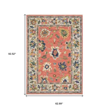 5' X 8' Salmon Blue And Yellow Oriental Area Rug With Fringe