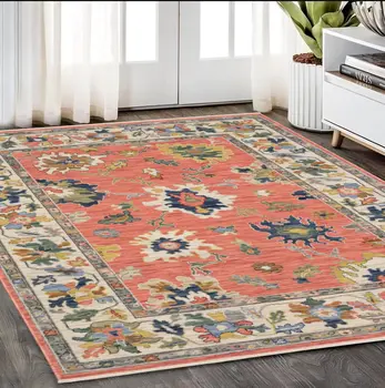 5' X 8' Salmon Blue And Yellow Oriental Area Rug With Fringe