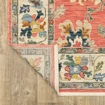 5' X 8' Salmon Blue And Yellow Oriental Area Rug With Fringe