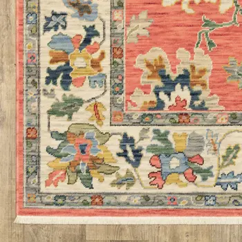 5' X 8' Salmon Blue And Yellow Oriental Area Rug With Fringe