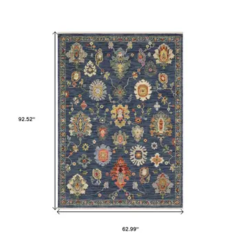 5' X 8' Blue Gray And Red Oriental Area Rug With Fringe