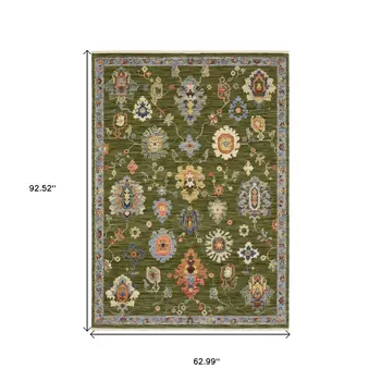 5' X 8' Green Blue And Yellow Oriental Area Rug With Fringe