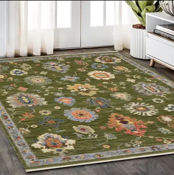 5' X 8' Green Blue And Yellow Oriental Area Rug With Fringe