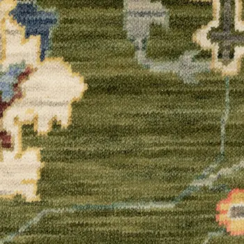 5' X 8' Green Blue And Yellow Oriental Area Rug With Fringe