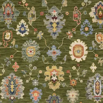 5' X 8' Green Blue And Yellow Oriental Area Rug With Fringe