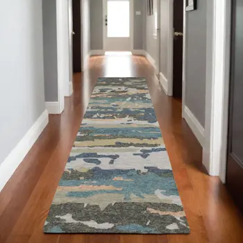 8' Gray And Blue Wool Abstract Hand Tufted Runner Rug