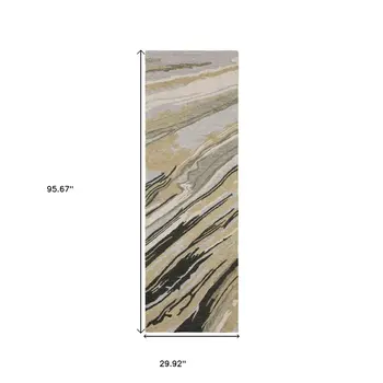 8' Gray And Gold Wool Abstract Hand Tufted Runner Rug