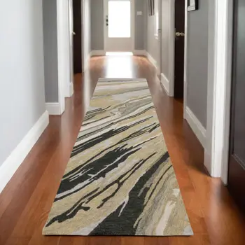 8' Gray And Gold Wool Abstract Hand Tufted Runner Rug
