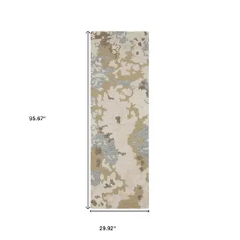 8' Beige And Blue Wool Abstract Hand Tufted Runner Rug