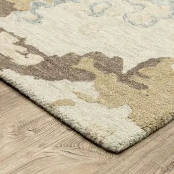 8' Beige And Blue Wool Abstract Hand Tufted Runner Rug