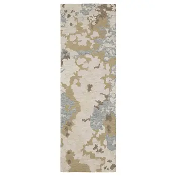 8' Beige And Blue Wool Abstract Hand Tufted Runner Rug