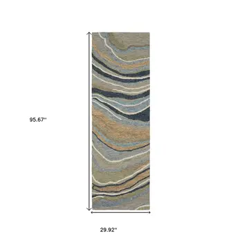 8' Gray And Blue Wool Abstract Hand Tufted Runner Rug