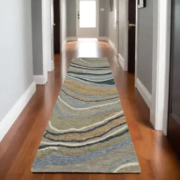 8' Gray And Blue Wool Abstract Hand Tufted Runner Rug