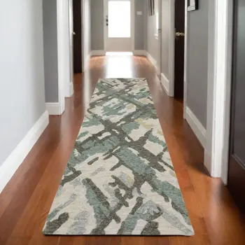 8' Gray And Teal Wool Abstract Hand Tufted Runner Rug