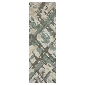 8' Gray And Teal Wool Abstract Hand Tufted Runner Rug