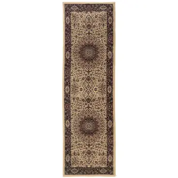 8' Ivory And Black Oriental Runner Rug