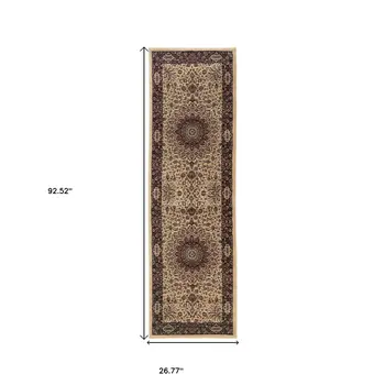 8' Ivory And Black Oriental Runner Rug